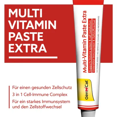 GimCat Multi-Vitamin Paste Extra. Unterstützt Immunsystem und Zellstoffwechsel. Für gesunden Zellschutz, starkes Immunsystem und Zellstoffwechsel. Ohne Zuckerzusatz, keine künstlichen Farben.