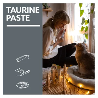 Taurine Paste. Illustration zeigt Tube, Hand mit Paste und Futterschale. Frau hält Produkt, Katze sitzt daneben.