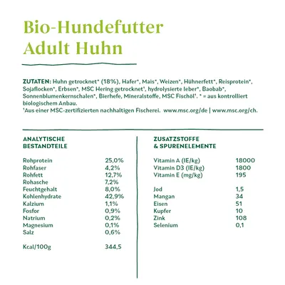Bio-Hundefutter Adult Huhn. Состав: курица 18 %, овёс, кукуруза, пшеница, жир, рисовый белок, горох, сельдь MSC, минералы. Анализ: белок 25 %, жир 12,7 %, клетчатка 4,2 %, зола 7,2 %.