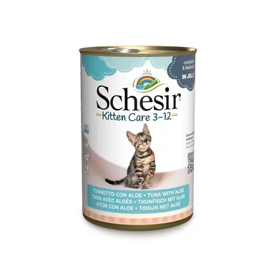 Lattina Schesir Kitten Care 3–12, tonnetto con aloe. Testo visibile: complete & balanced in jelly. Immagine di un gattino sulla confezione.
