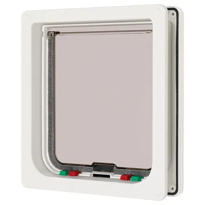 Cat Mate kattenluik met wit kunststof frame, transparante klep en vierkleurige schuifknoppen onderaan voor vergrendeling.