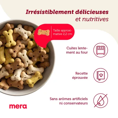 mera – irrésistiblement délicieuses et nutritives, taille approximative 2,2 cm, cuites lentement au four, recette éprouvée, sans arômes artificiels ni conservateurs