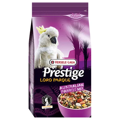 Versele-Laga Prestige Loro Parque Australian Parrot Mix. Optimal freshness. Image of a white parrot and a bowl with seed mix.
