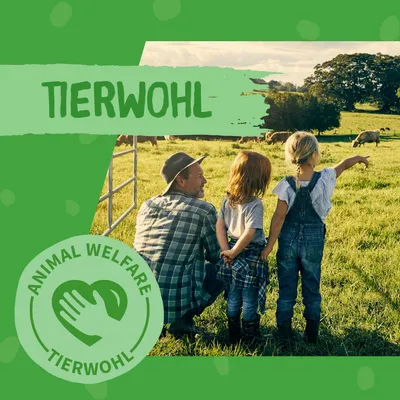 Tierwohl és Animal Welfare. Zöld pecsét kéz szimbólummal, család réten, háttérben legelő tehenek.