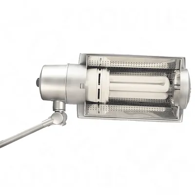 Silberne UV-Lampe mit perforierter Abdeckung und weißer Leuchtröhre, geeignet für technische Anwendungen oder Beleuchtung.