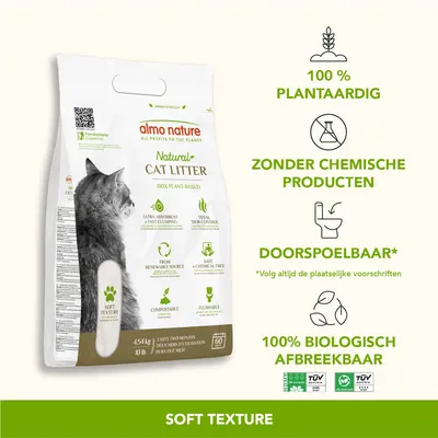 almo nature Natural Cat Litter, 100% plantaardig, zonder chemische producten, doorspoelbaar, 100% biologisch afbreekbaar, soft texture, 4,54 kg, TÜV gecertificeerd