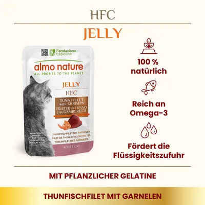 almo nature HFC Jelly filet de thon avec crevettes pour chat adulte, 100 % natürlich, reich an Omega-3, fördert die Flüssigkeitszufuhr, mit pflanzlicher Gelatine. Texte en allemand et anglais.