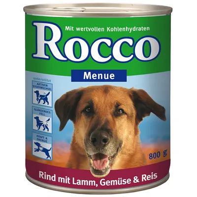Rocco Menue våtfoder 800 g, Rind mit Lamm, Gemüse & Reis. Synlig text på tyska: Mit wertvollen Kohlenhydraten, unterstützt aktiven Stoffwechsel, glänzendes Fell, Kraft & Energie.