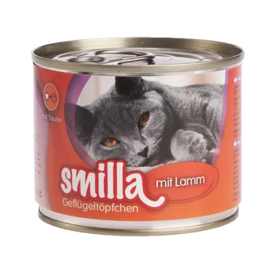 Boîte de nourriture pour chat Smilla mit Lamm, texte visible : Geflügeltöpfchen, mit Taurin, image d’un chat gris sur l’étiquette.