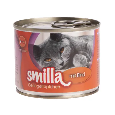Boîte de nourriture pour chat Smilla Geflügeltöpfchen mit Rind, image d’un chat gris sur l’étiquette, mention « mit Taurin » visible.