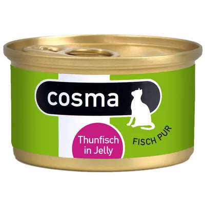 Konzerva cosma Thunfisch in Jelly, FISCH PUR, zelený obal se siluetou kočky. Text na etiketě v němčině.