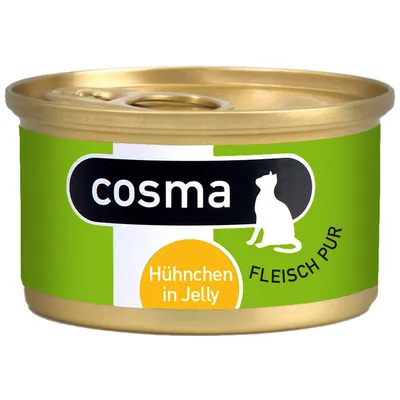 Konzerva cosma, Huhnchen in Jelly, FLEISCH PUR, zelený obal s bílou siluetou kočky. Text na etiketě je v němčině.