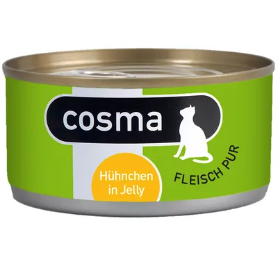 Konzerva cosma, Hühnchen in Jelly, FLEISCH PUR, zelený obal s bílou siluetou kočky. Text na obalu je v němčině.