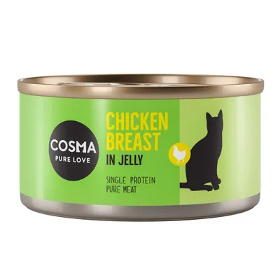 Tin labelled 'Chicken Breast in Jelly', single protein pure meat, with a silhouette of an animal and the text 'Cosma Pure Love' visible.