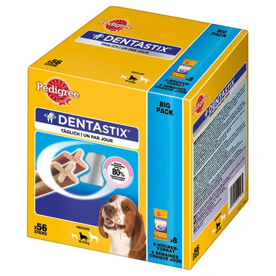Pedigree Dentastix Big Pack, 56 sticks voor middelgrote honden (10–25 kg), dagelijks gebruik. Verpakking toont hond en tekst: 'täglich/un par jour', '8-weken-voorraad'.