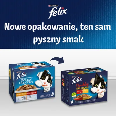 Purina Felix. Nowe opakowanie, ten sam pyszny smak. Dwa kartony karmy dla kotów Felix Doubly Delicious w galaretce, pokazane stare i nowe opakowanie.