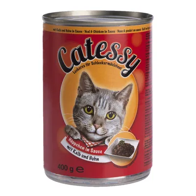 Catessy våtfoder för katt, Häppchen in Sauce mit Kalb und Huhn, 400 g burk. Text på tyska och engelska synlig på förpackningen.