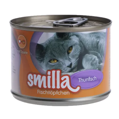 Boîte de nourriture pour chat Smilla Fischtöpfchen Thunfisch, mention « mit Taurin », image d’un chat gris sur l’étiquette.
