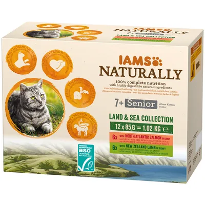 IAMS Naturally Land & Sea Collection vanhemmille kissoille yli 7 vuotta. 12x85g: 6x lohi kastikkeessa, 6x lammas kastikkeessa. ASC-sertifioitu, luonnolliset ainesosat, helposti sulava.