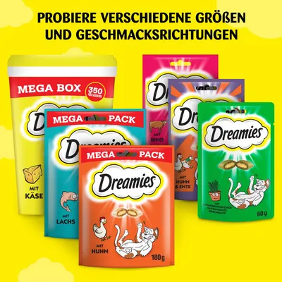 Dreamies лакомства для кошек: упаковки разных размеров и вкусов, включая сыр, лосось, курицу, говядину, утку и кошачью мяту. Видны надписи MEGA BOX 350 г, MEGA PACK 180 г, 60 г.