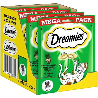 Dreamies Mega Pack, 4 x 180 g, cu aromă irezistibilă de mentă pentru pisici. Greutate totală: 720 g.