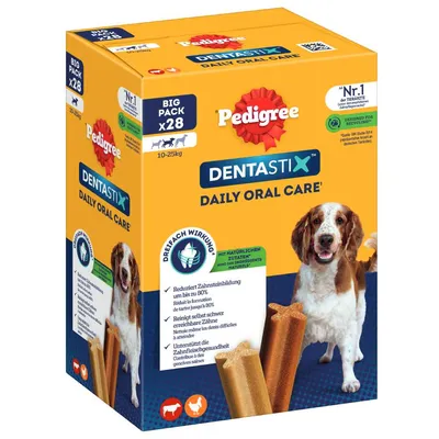 Pedigree Dentastix Daily Oral Care, Big Pack x28 voor honden 10-25 kg. Driedubbele werking: vermindert tandsteenvorming, reinigt moeilijk bereikbare tanden, ondersteunt de tandgezondheid. Pedigree Dentastix Daily Oral Care, Big Pack x28 voor honden 10-25 kg. Driedubbele werking: vermindert tandsteenvorming, reinigt moeilijk bereikbare tanden, ondersteunt de tandgezondheid.