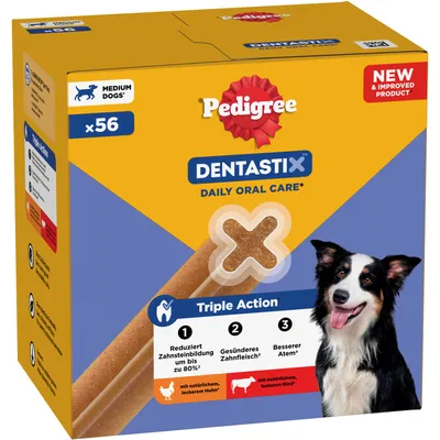Pedigree Dentastix Daily Oral Care za srednje velike pse, 56 kosov. Trojno delovanje: zmanjšuje nastanek zobnega kamna, bolj zdrave dlesni, boljši zadah. S piščancem in govedino. Pedigree Dentastix Daily Oral Care za srednje velike pse, 56 kosov. Trojno delovanje: zmanjšuje nastanek zobnega kamna, bolj zdrave dlesni, boljši zadah. S piščancem in govedino.