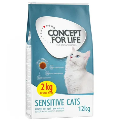 Concept for Life Sensitive Cats dry food, 12kg pack with 2kg free. Special formula: single carbohydrate source, single animal protein source, supports healthy intestinal flora.