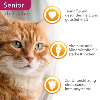 Senior ab 7 Jahre. Taurin für ein gesundes Herz und gute Sehkraft, Vitamine und Mineralstoffe für starke Knochen, Zur Unterstützung eines starken Immunsystems. Teksti saksaksi.