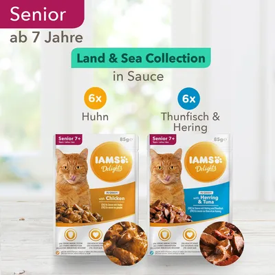 IAMS Delights Senior 7+ Land & Sea Collection: 6 x kanaa, 6 x tonnikalaa ja silliä kastikkeessa. Pakkauksissa oranssi kissa, paino 85 g. Teksti osin saksaksi ja englanniksi.