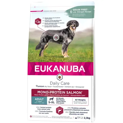 Sac de croquettes Eukanuba Daily Care Mono-Protéine Saumon, pour chiens adultes toutes races S–XL, 2,3 kg. Sans céréales. Protéines animales provenant uniquement du saumon.