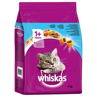 Whiskas суха храна за котки 1+ години, 7 кг. Видими надписи: „with tuna Tasty Filled POCKETS“, „whiskas“, „1+ Years“.