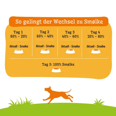 Fütterungsanleitung für Smølke: Tag 1 bis 4 schrittweise Mischung von aktuellem Futter und Smølke, Tag 5 nur Smølke. Prozentangaben pro Tag sichtbar. Fütterungsanleitung für Smølke: Tag 1 bis 4 schrittweise Mischung von aktuellem Futter und Smølke, Tag 5 nur Smølke. Prozentangaben pro Tag sichtbar.