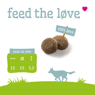 Two round food pieces with a label '100% løve'. Text: 'feed the løve'. Size specifications in mm: 15, 15, 5.5. Two round food pieces with a label '100% løve'. Text: 'feed the løve'. Size specifications in mm: 15, 15, 5.5.