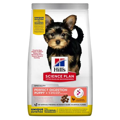 Hill's Science Plan Perfect Digestion Puppy <1 Small & Mini do 10 kg, s piletinom i smeđom rižom. Bez umjetnih konzervansa, boja ili aroma.