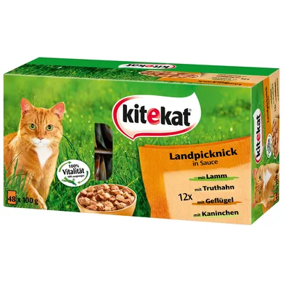 Kitekat Landpicknick in Sauce kattenvoer, 48 x 100 g. 12x lamsvlees, 12x kalkoen, 12x gevogelte, 12x konijn. 100% Vitalität staat op de verpakking.