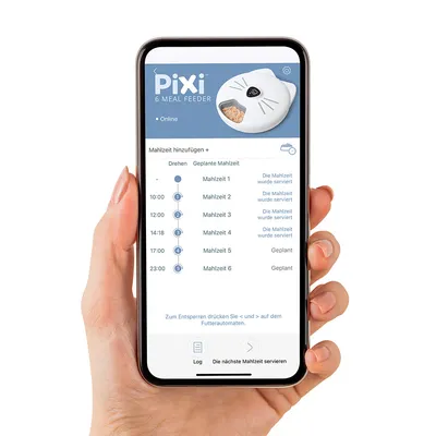 Pixi 6 Meal Feeder App показва планирани хранения с час и статус: сервирано или планирано. Забележка: За отключване натиснете < и > на хранилката.