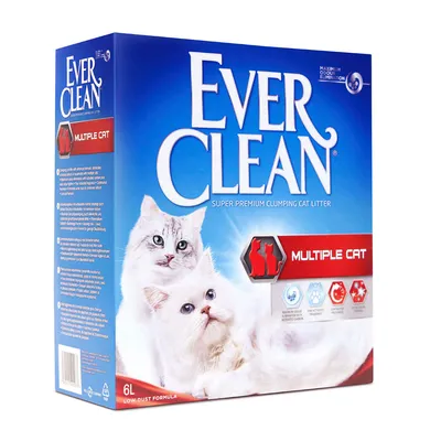 Balení steliva pro kočky Ever Clean Multiple Cat, 6 l. Na obalu dva bílé kočky, nápisy 'SUPER PREMIUM CLUMPING CAT LITTER', 'MULTIPLE CAT', piktogramy a informace o složení.