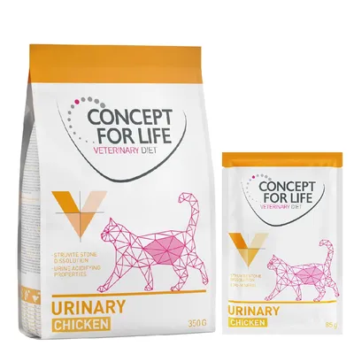 Concept for Life Veterinary Diet Urinary Chicken, Katzenfutter für Struvitsteinauflösung und Harnansäuerung. Verpackungsgrößen: 350g und 85g.