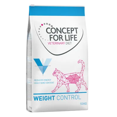 Concept for Life Veterinary Diet Weight Control, 10 kg. Energia ridotta, alto contenuto di fibre. Confezione con immagine geometrica di gatto.