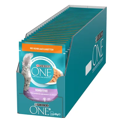 Purina ONE Sensitive cat food with chicken and carrots, 26x85g. Supports strong natural defences and high tolerability.