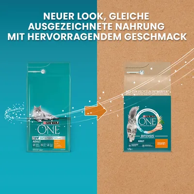 Purina ONE Katzenfutter. Neuer Look, gleiche ausgezeichnete Nahrung mit hervorragendem Geschmack. Verpackung jetzt zum Recyceln entworfen.