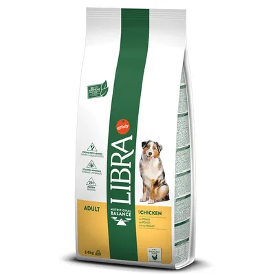 Пакет храна за кучета Libra Nutritional Balance Adult с пиле, 14 кг. Видими надписи: strong teeth & bones, vitamins & minerals, protein, no-SCM artificial, affinity.