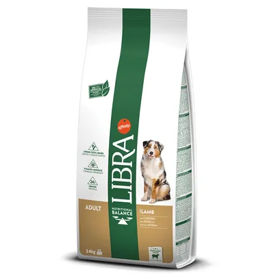 Libra Adult Nutritional Balance avec agneau, 14 kg. Contient des os solides et des dents saines, vitamines et minéraux, 24 % de protéines. Sans additifs artificiels.