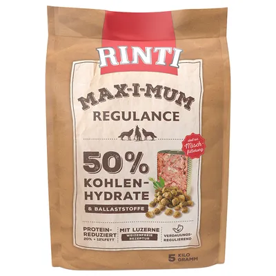 Rinti Maxi-Mum Regulance, 50% kulhydrater og fibre, reduceret protein, med lucerne, hvedefri opskrift, fordøjelsesregulerende, ideel til blandet fodring, 5 kg.