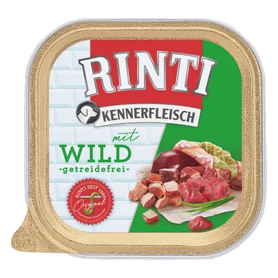 Rinti Kennerfleisch con carne de caza, sin cereales. Rinti desde 1983 Original. Imagen de trozos de carne e ingredientes.