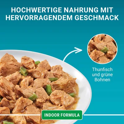 Hochwertige Nahrung mit hervorragendem Geschmack. Indoor Formula mit Thunfisch und grünen Bohnen.