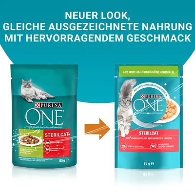 Purina ONE Sterilcat. Neuer Look, gleiche ausgezeichnete Nahrung mit hervorragendem Geschmack. Mit Truthahn und grünen Bohnen, unterstützt natürliche Abwehrkräfte und gesunde Harnwege.