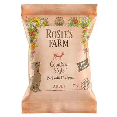 Confezione ROSIE'S FARM Country-Style Beef with Chickpeas, ADULT 70 g, ricetta senza cereali, scritta TRY NOW! e illustrazione di cane. Testo in inglese.