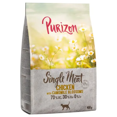 Purizon Single Meat Chicken z kwiatami rumianku, 70% składników premium, 30% owoców i warzyw, 0% zbóż. Wielkość opakowania: 400 g.